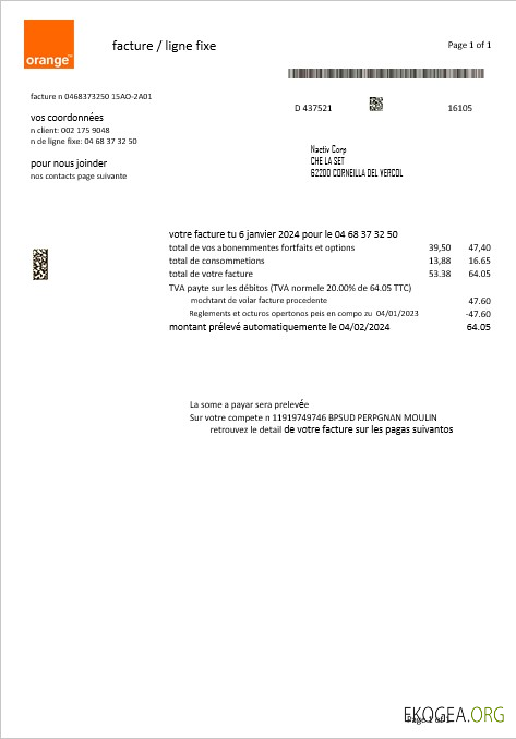 Modèle de facture de services publics France Orange aux formats Word et PDF1